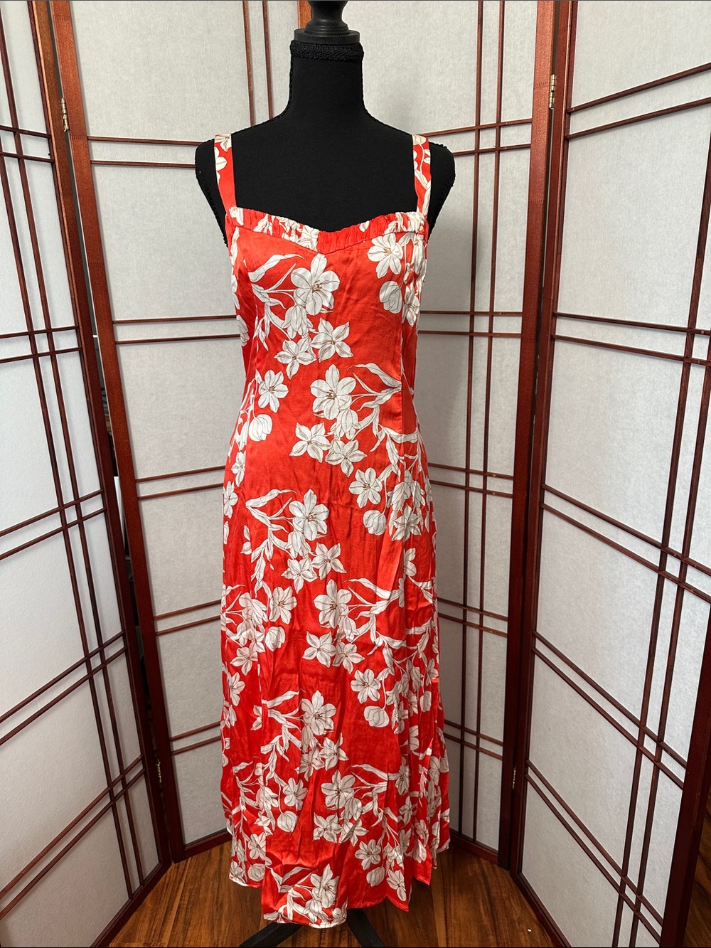 Red Floral Maxi Sundress with White Blossoms